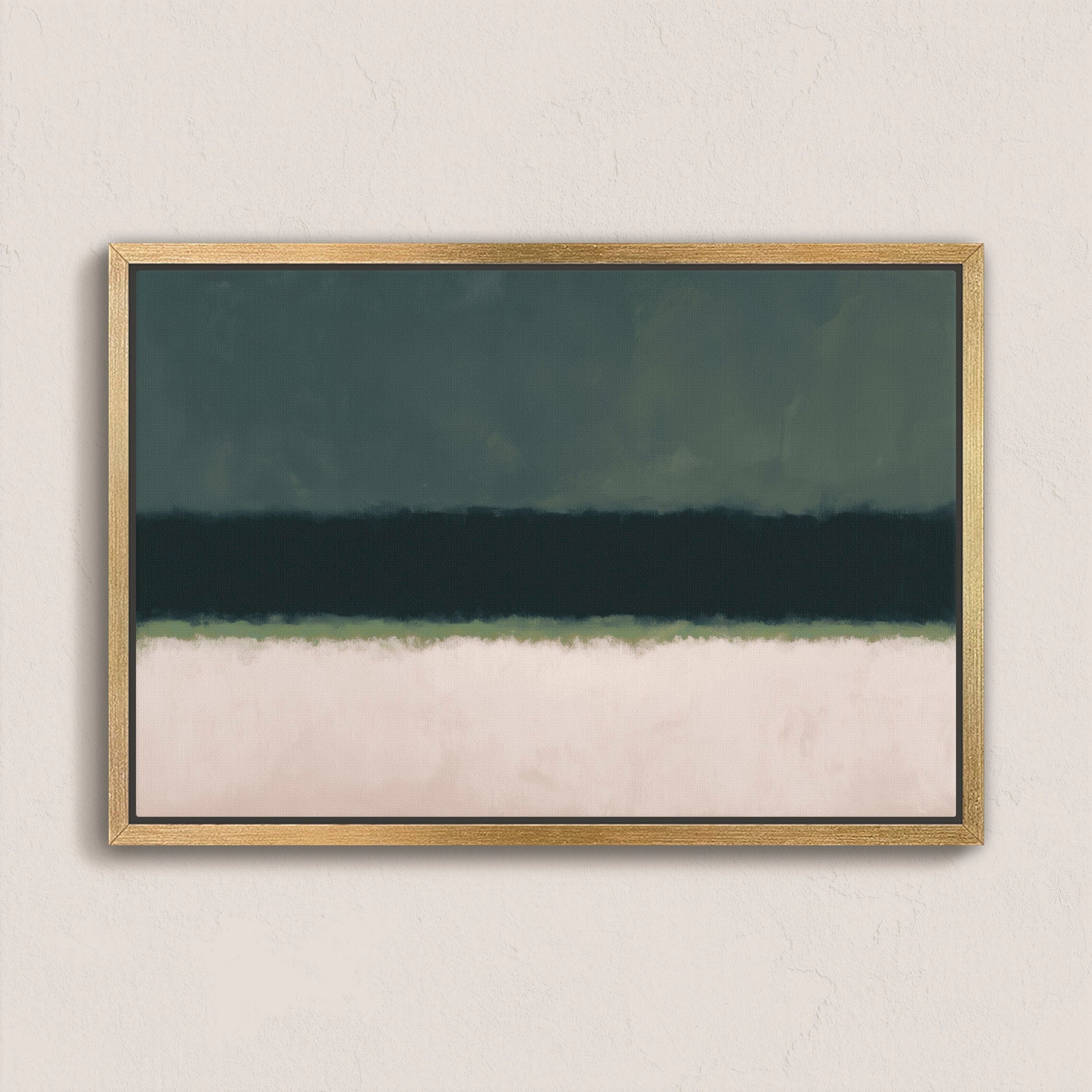 Minimalist Shade canvas print with deep olive, black, and soft neutral tones in natural wood frame