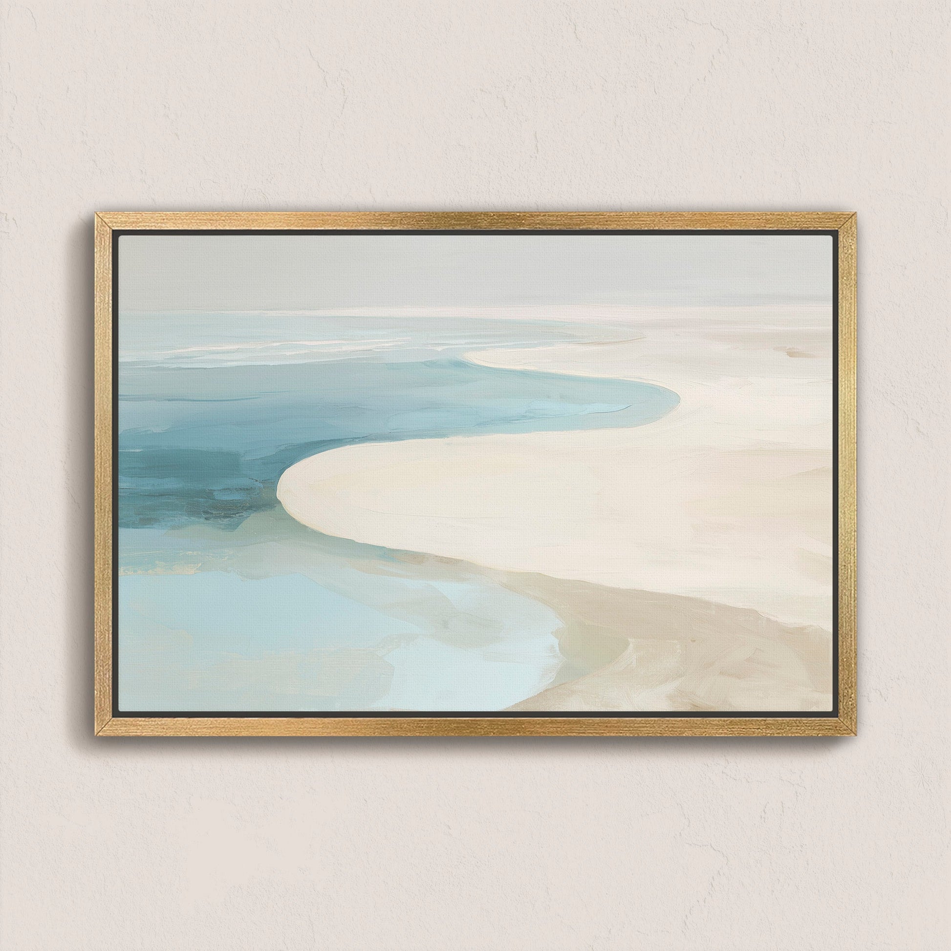 Tideway Canvas Wall Art framed painting of calm sea and sand in soft blues, ivory, and beige tones