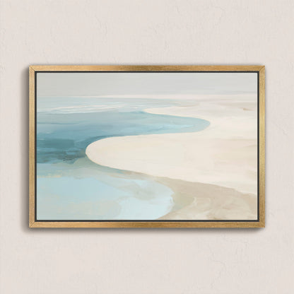 Tideway Canvas Wall Art framed painting of calm sea and sand in soft blues, ivory, and beige tones