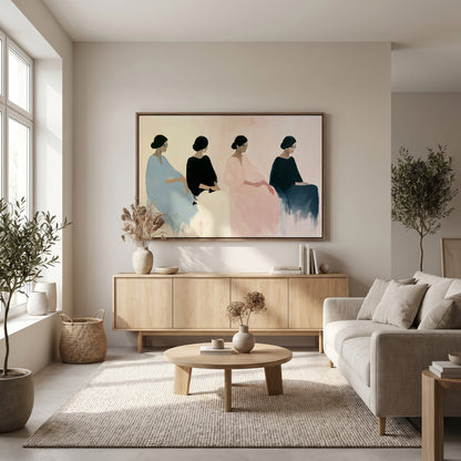 a modern living room with a large framed artwork of four women in different colored dresses hanging on the wall above a wooden cabinet. The room is furnished with a sofa, a coffee table, and various decorative elements such as potted plants and vases.