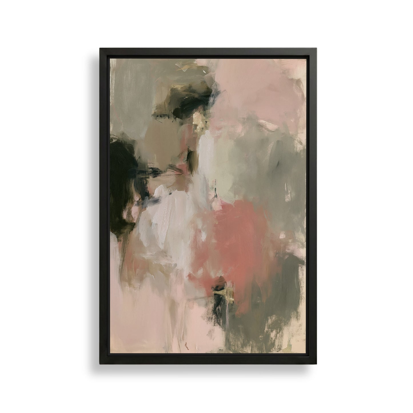 The image is an abstract painting with a mix of pink, green, and black colors.