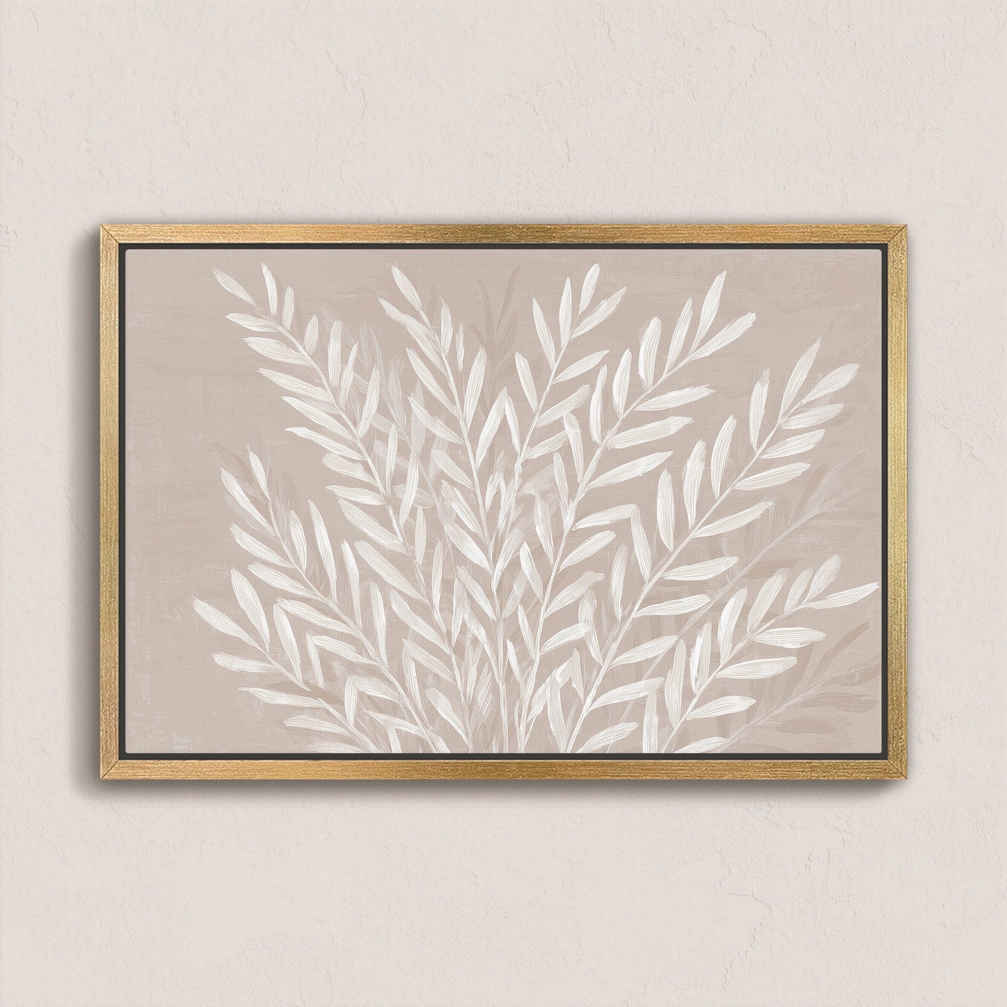Whisper Canvas Print featuring slender ivory leaves on soft taupe background in a natural wooden frame, botanical abstract art for modern interiors