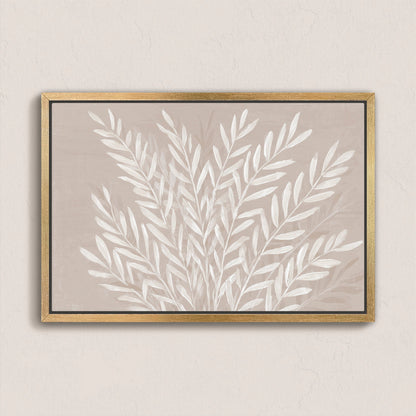 Whisper Canvas Print featuring slender ivory leaves on soft taupe background in a natural wooden frame, botanical abstract art for modern interiors