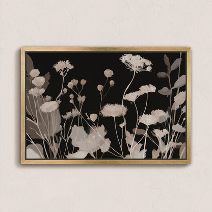 Shadow Bloom Canvas Art with taupe and ivory wildflowers on black background in natural wood frame