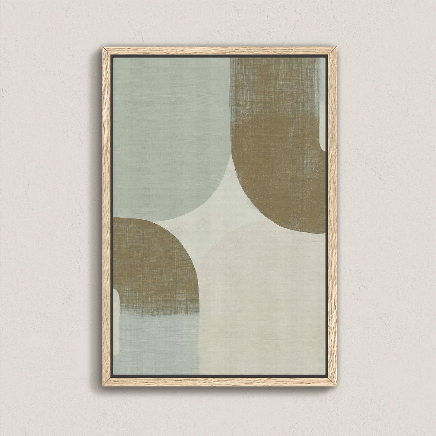 Forma canvas art with muted sage, ivory, and taupe geometric curves in a natural wood frame