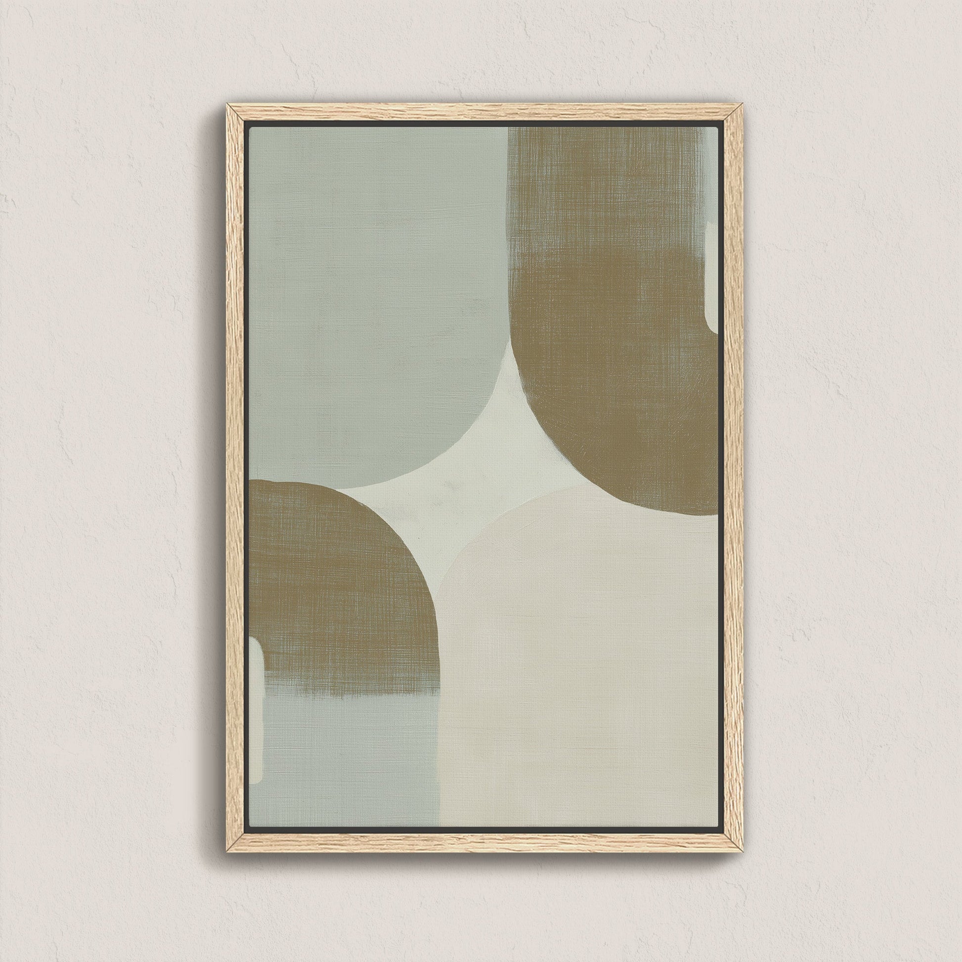 Forma canvas art with muted sage, ivory, and taupe geometric curves in a natural wood frame