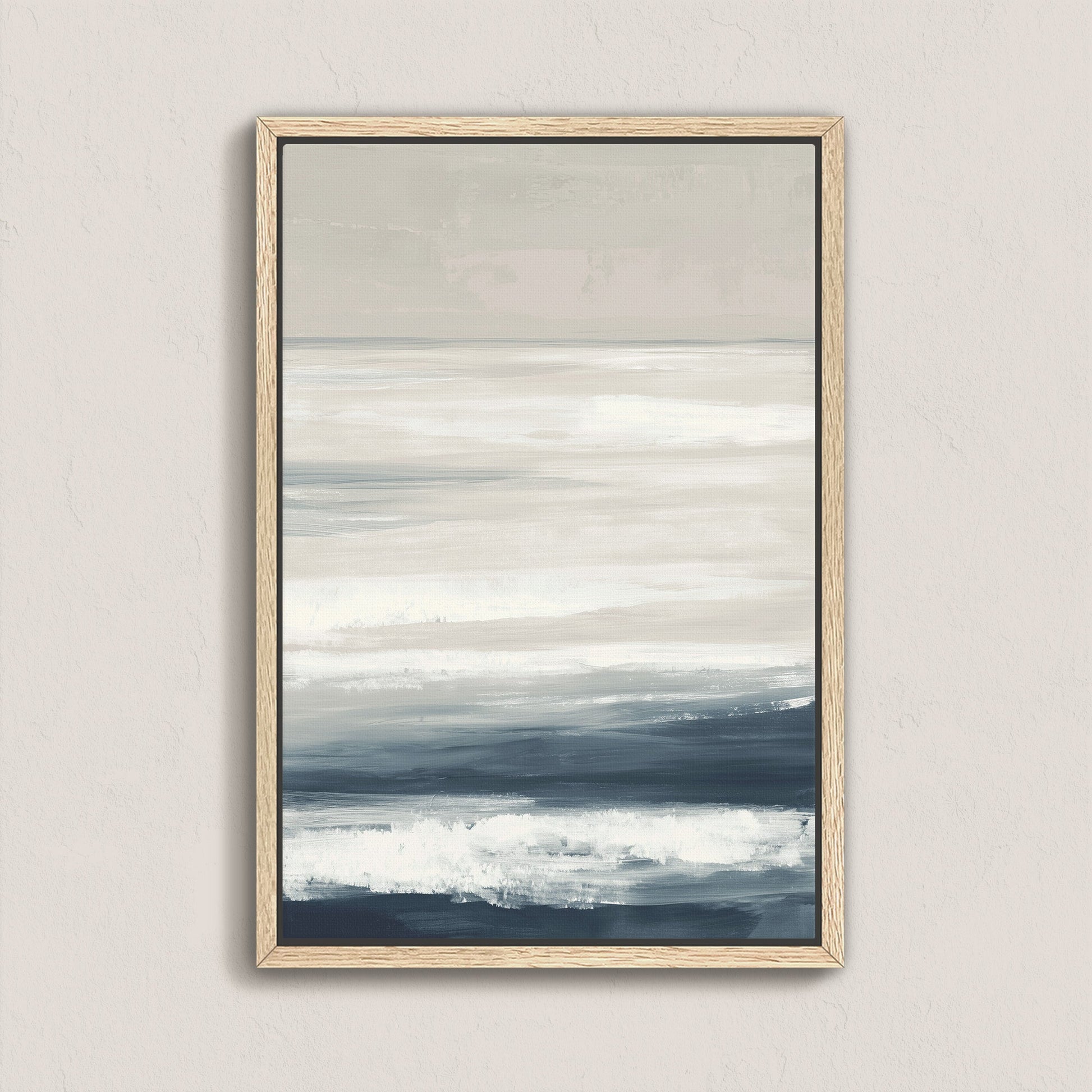 Syd Canvas Print showing serene sea layers in ivory, sand, and indigo with a natural wood frame, perfect for coastal and minimalist decor.