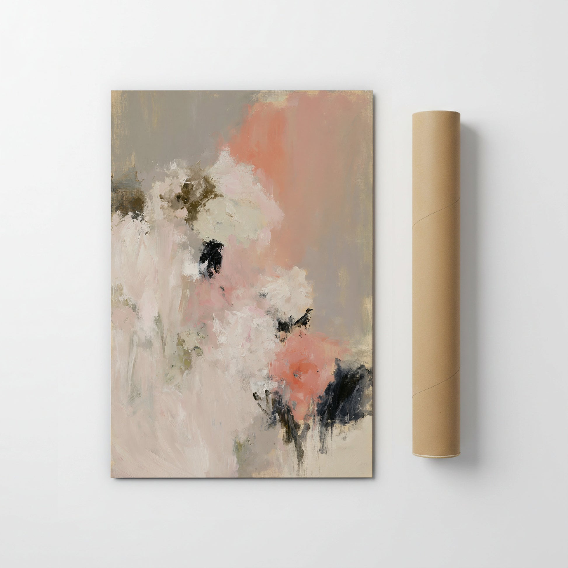 an abstract painting with a mix of pink, white, and black colors, creating a dynamic and visually striking composition.