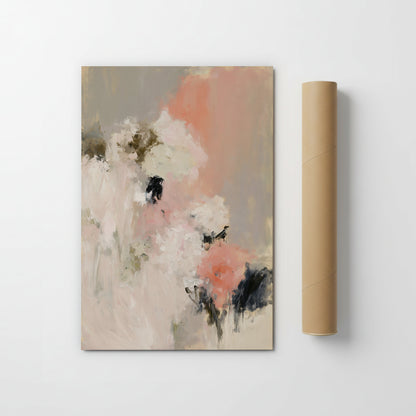 an abstract painting with a mix of pink, white, and black colors, creating a dynamic and visually striking composition.