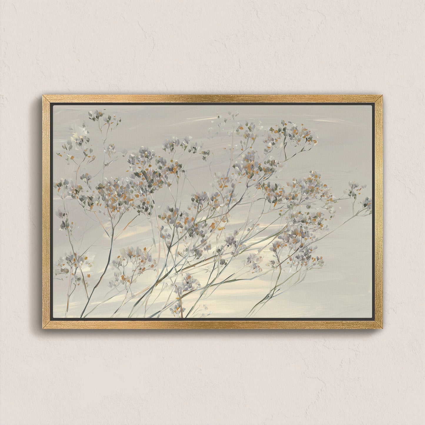 Breeze wall art featuring delicate wildflowers in muted tones with a natural wood frame, perfect for serene interiors.