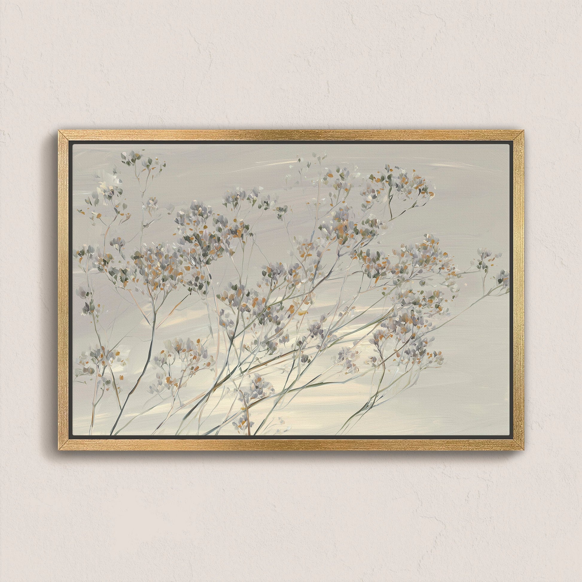 Breeze wall art featuring delicate wildflowers in muted tones with a natural wood frame, perfect for serene interiors.