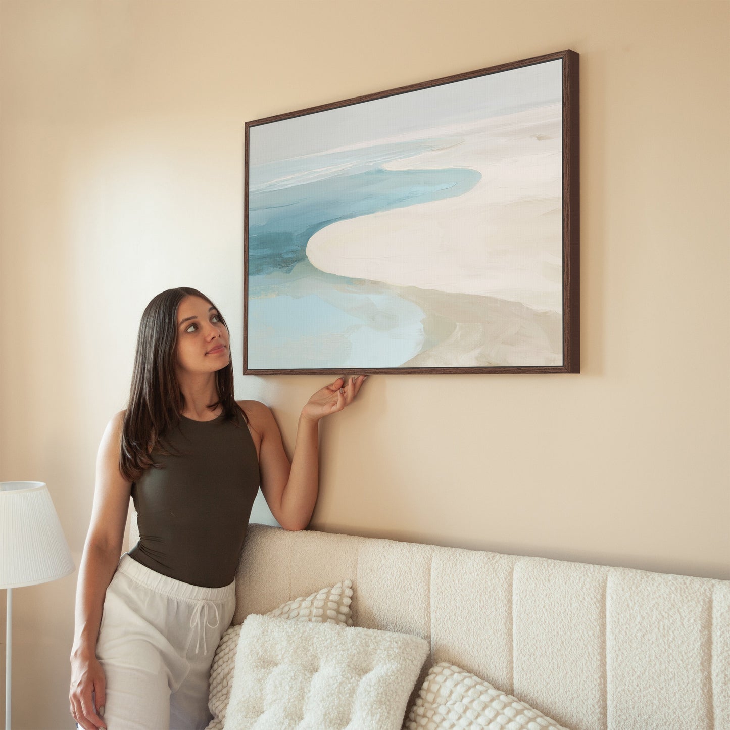 Tideway Canvas Wall Art with coastal beige and blue tones in a wooden frame displayed in a modern living room
