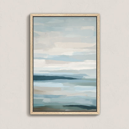 Lapse canvas print of abstract sea and sky in soft blue, ivory, and sand tones with natural wood frame.