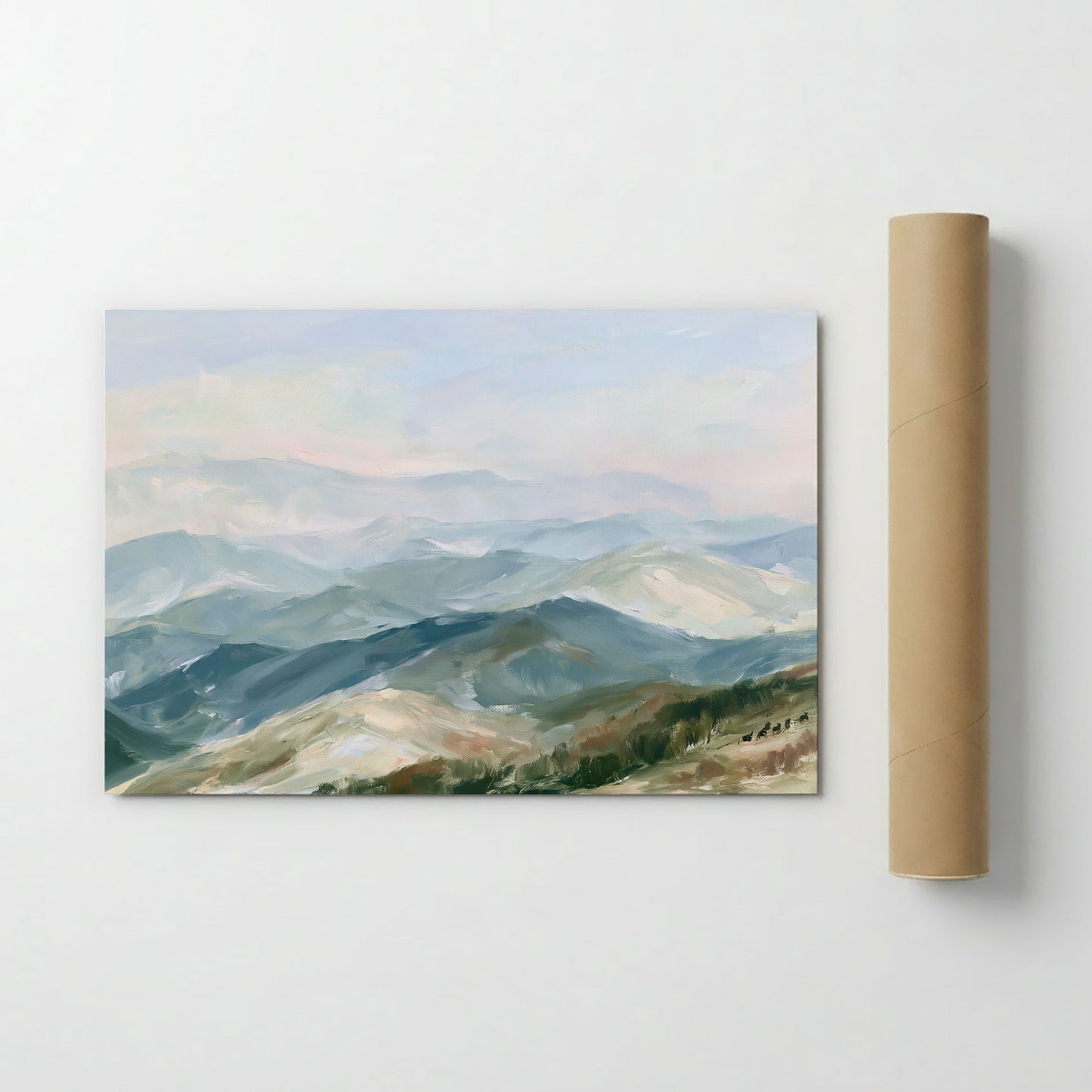 The image is a painting of a mountainous landscape, depicting a serene and picturesque scene of nature.