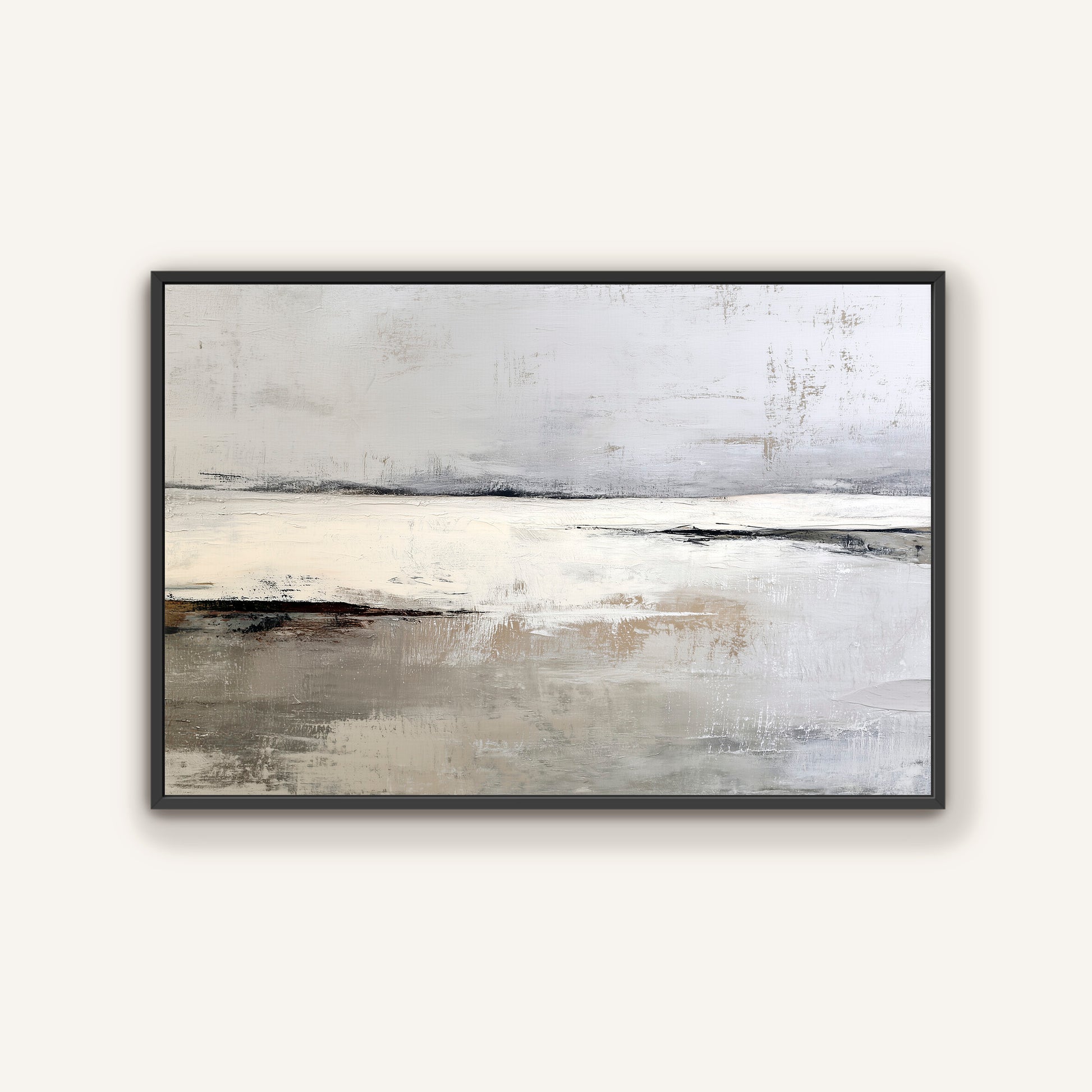 The image is a framed abstract landscape painting depicting a serene, expansive scene of a body of water or sea.