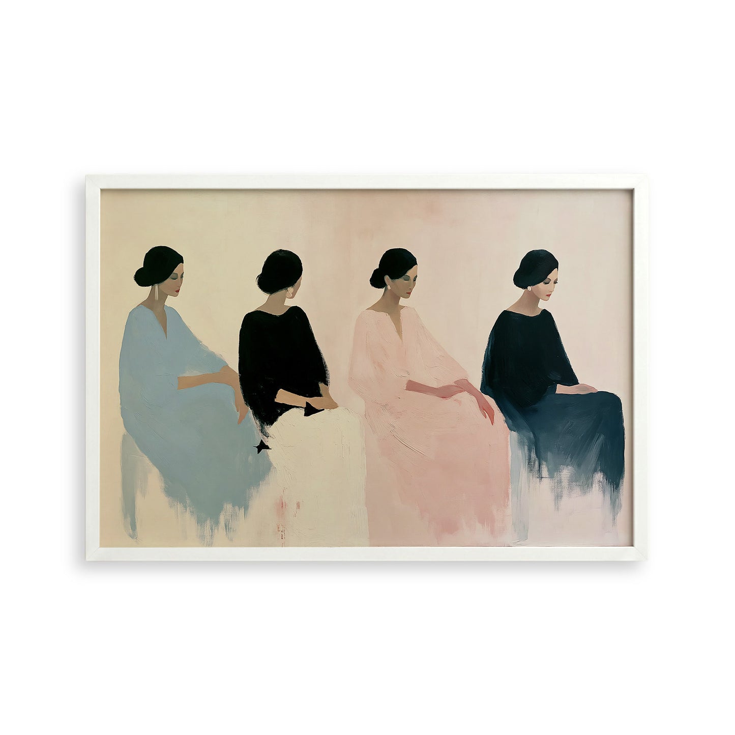 The image is a painting of four women in different colored dresses, arranged in a row.