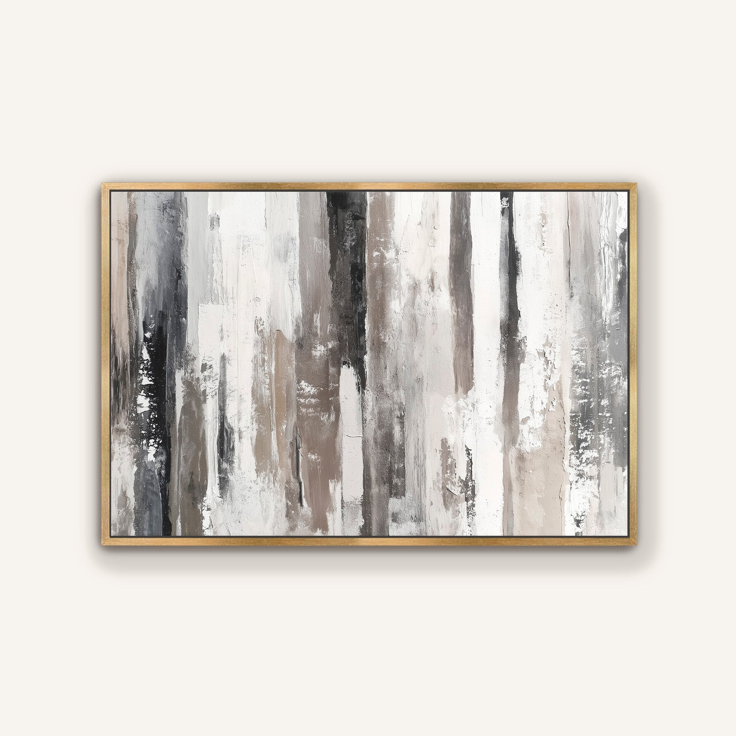 The image is a framed abstract painting with vertical lines in various shades of gray and white, creating a sense of depth and dimension.