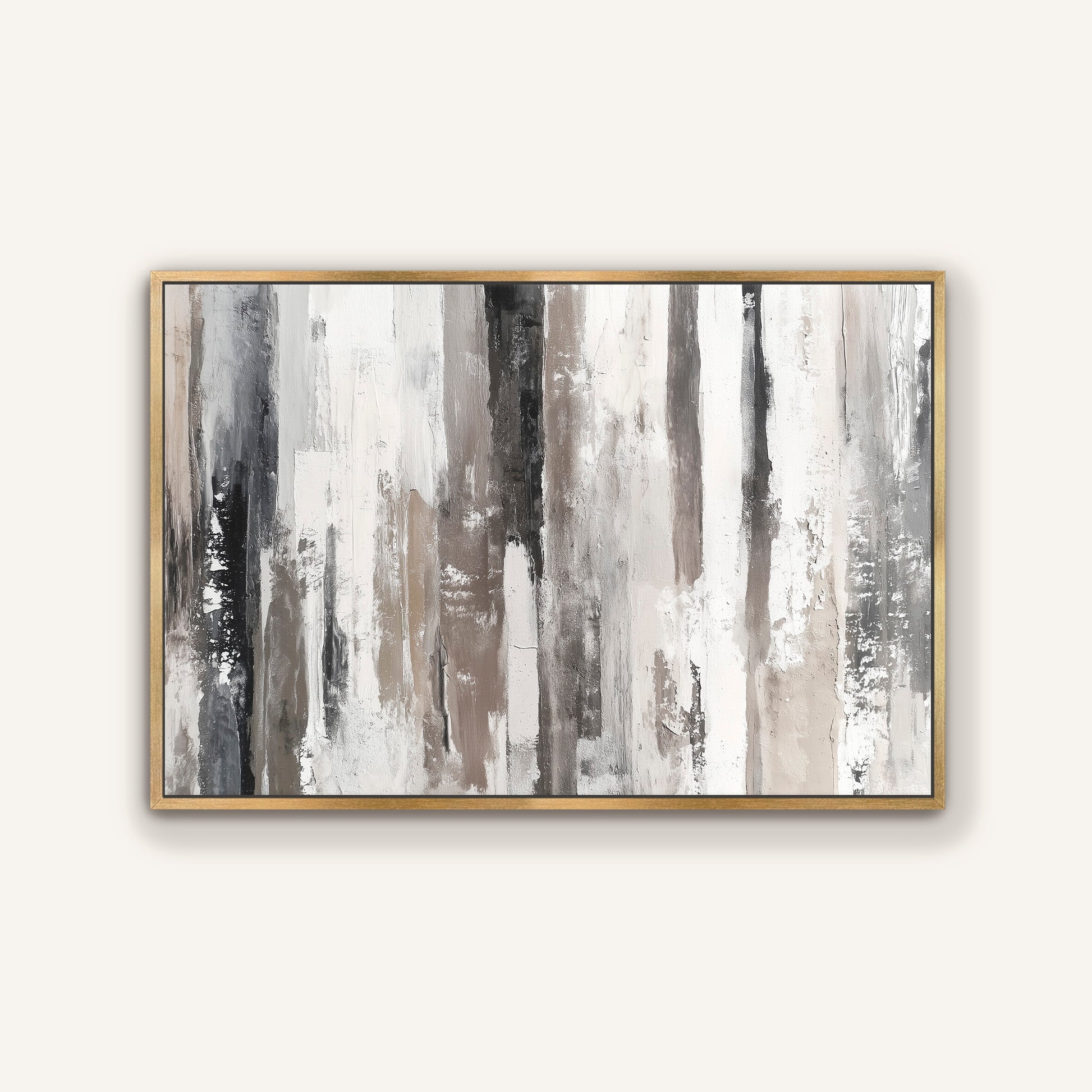 The image is a framed abstract painting with vertical lines in various shades of gray and white, creating a sense of depth and dimension.