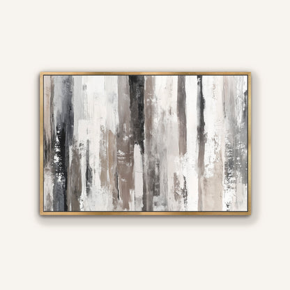 The image is a framed abstract painting with vertical lines in various shades of gray and white, creating a sense of depth and dimension.