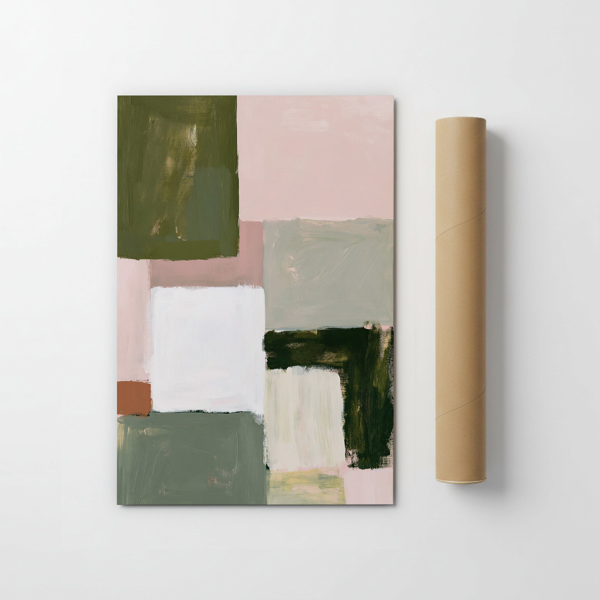 a large abstract painting with a variety of colors and shapes, including shades of green, pink, and brown.