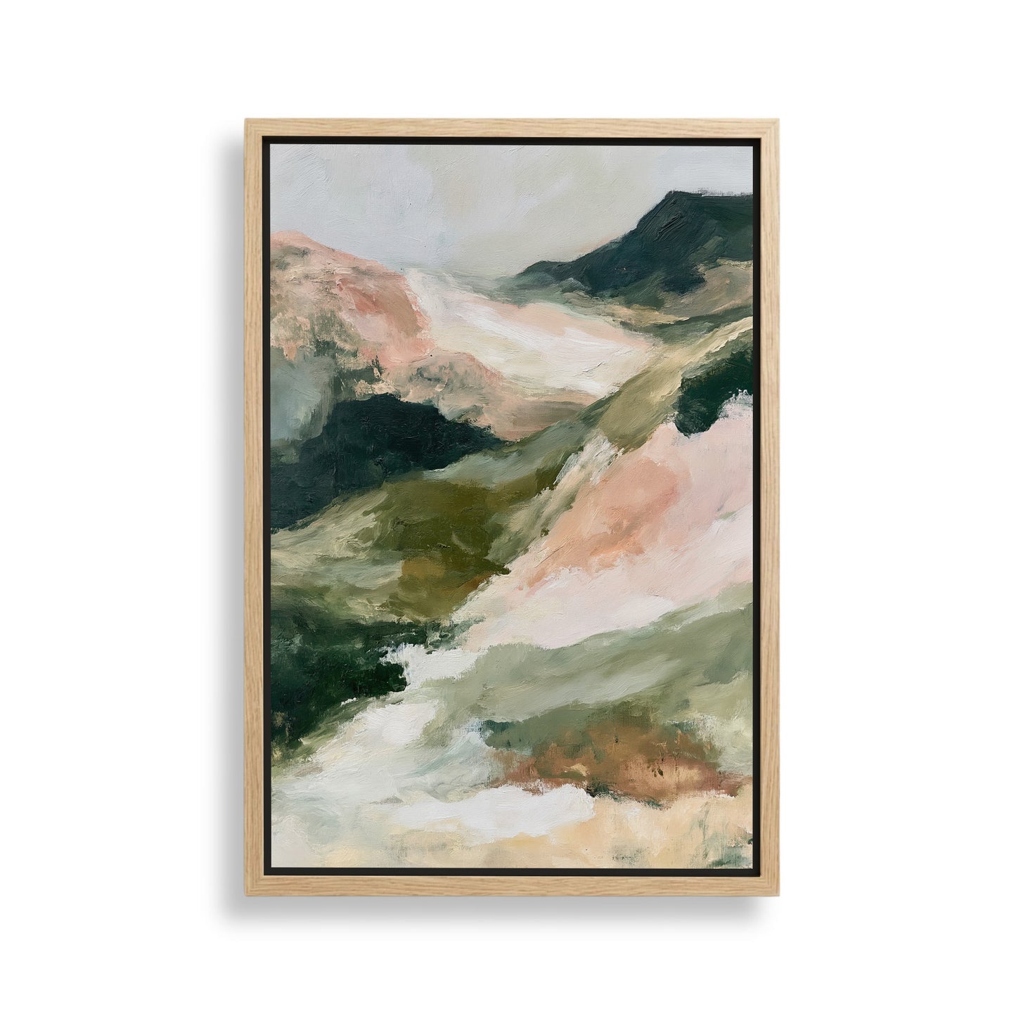 The image is a framed abstract landscape painting depicting a mountainous, mountainous terrain with a mix of green, pink, and brown colors.