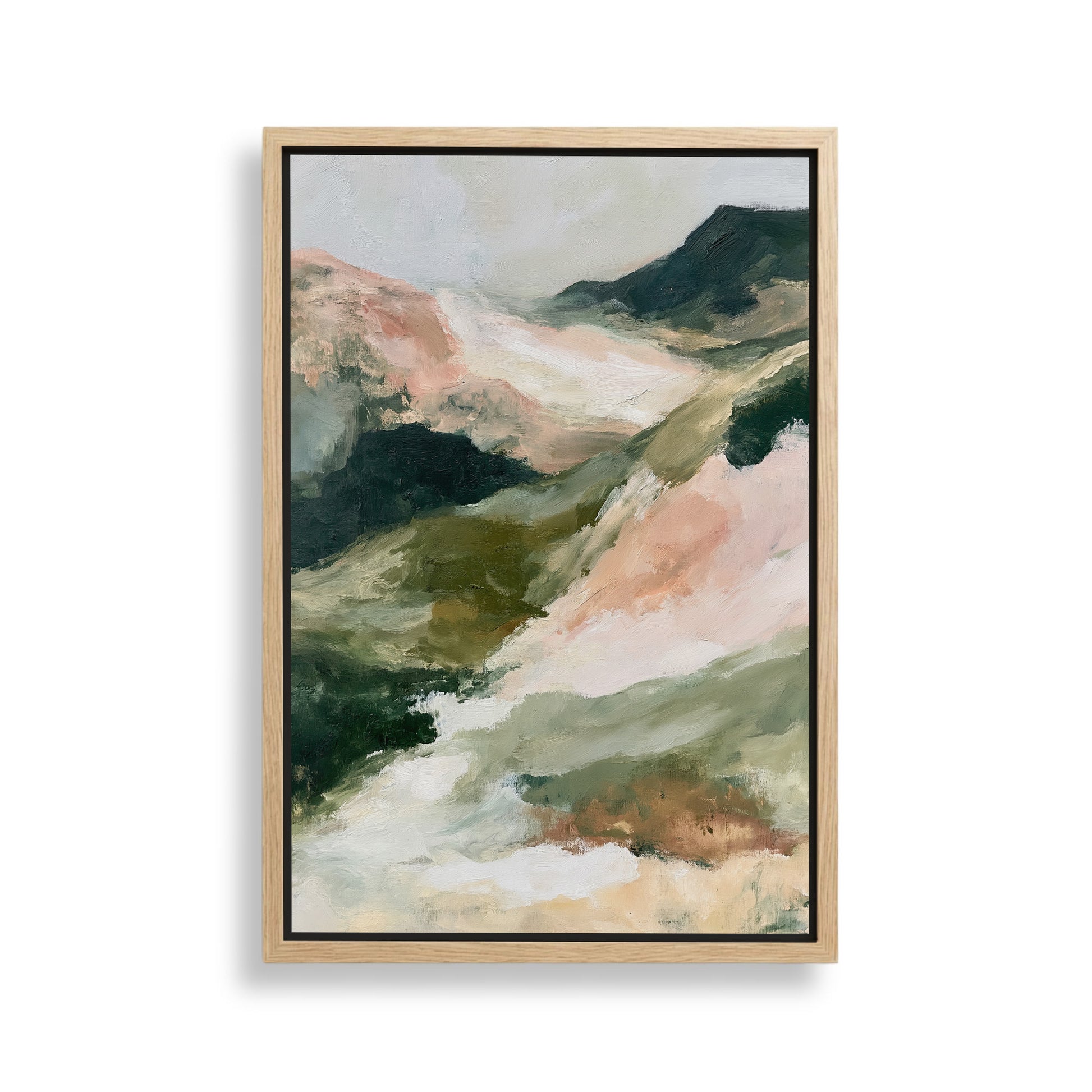The image is a framed abstract landscape painting depicting a mountainous, mountainous terrain with a mix of green, pink, and brown colors.