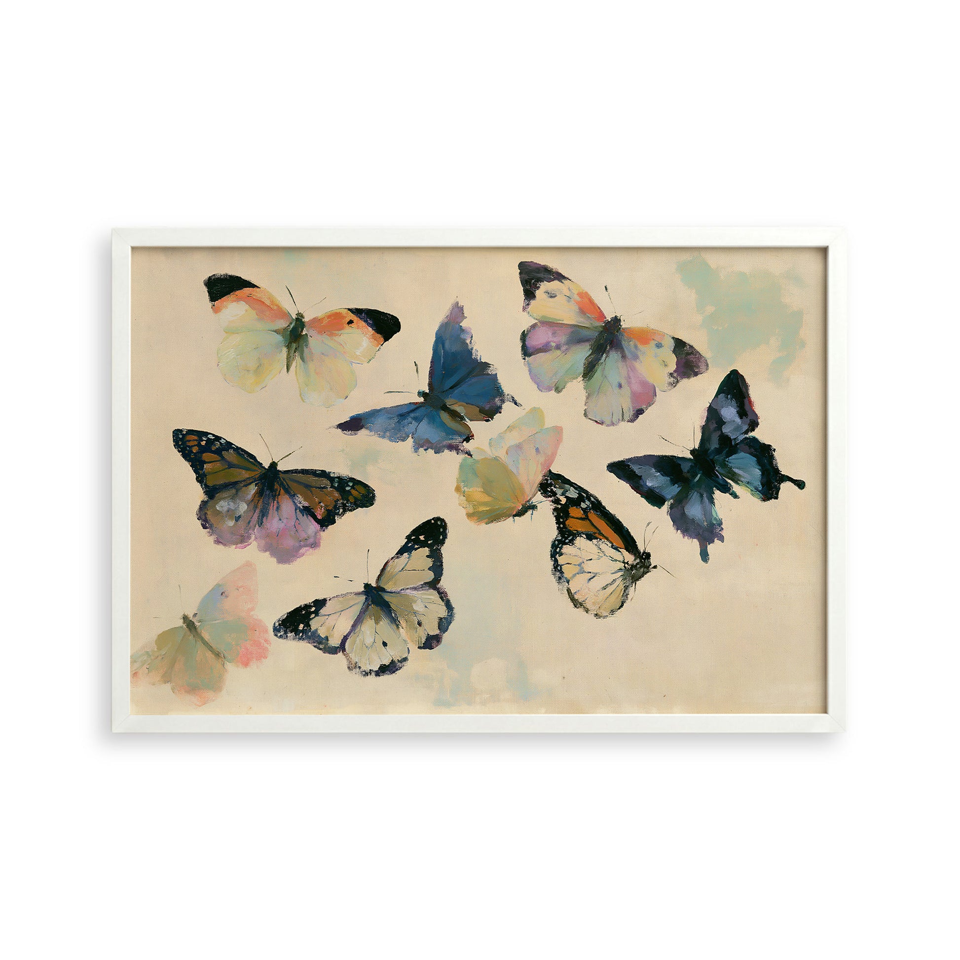 The image is a framed painting depicting a variety of colorful butterflies in flight.