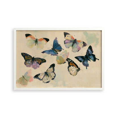 The image is a framed painting depicting a variety of colorful butterflies in flight.