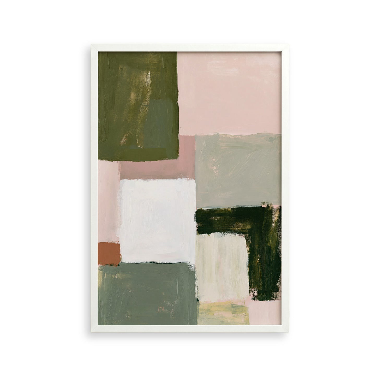 The image is a framed abstract art piece featuring a variety of colors and shapes, including shades of green, pink, and white.