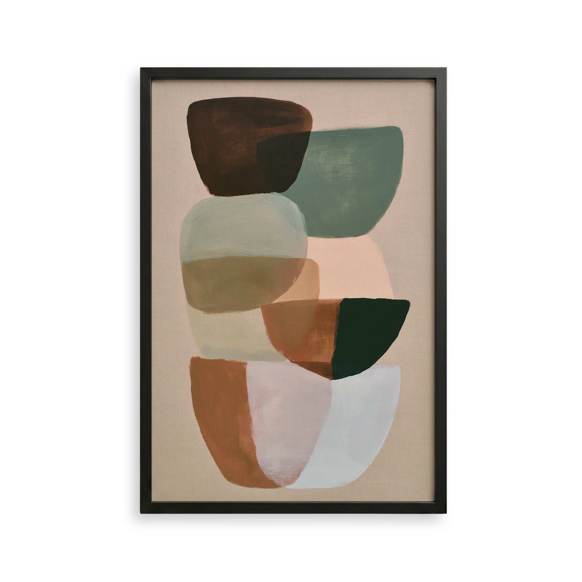 The image is a framed abstract art piece featuring a variety of shapes and colors, including shades of brown, green, and white.