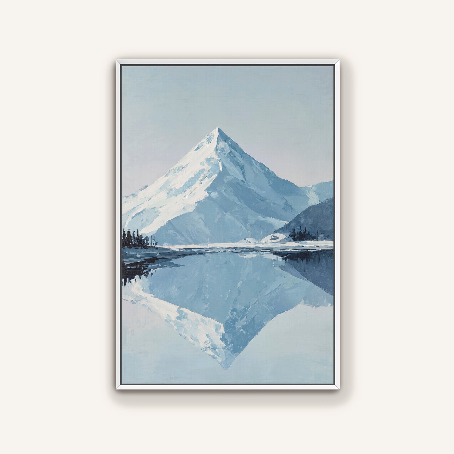 a serene landscape with a snow-capped mountain reflected in a calm lake, surrounded by trees and mountains in the distance.