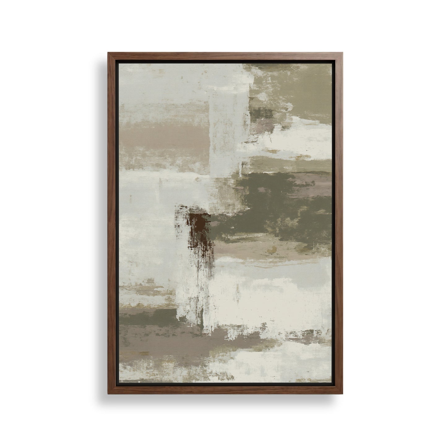 The image is a framed abstract painting with a predominantly neutral color palette of beige, gray, and brown. The painting features a variety of brushstrokes and textures, creating a sense of depth and movement. The artwork is displayed on a white wall, highlighting its colors and composition.