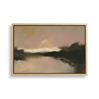 The image is an abstract landscape painting featuring a serene scene of a body of water with a cloudy sky in the background.
