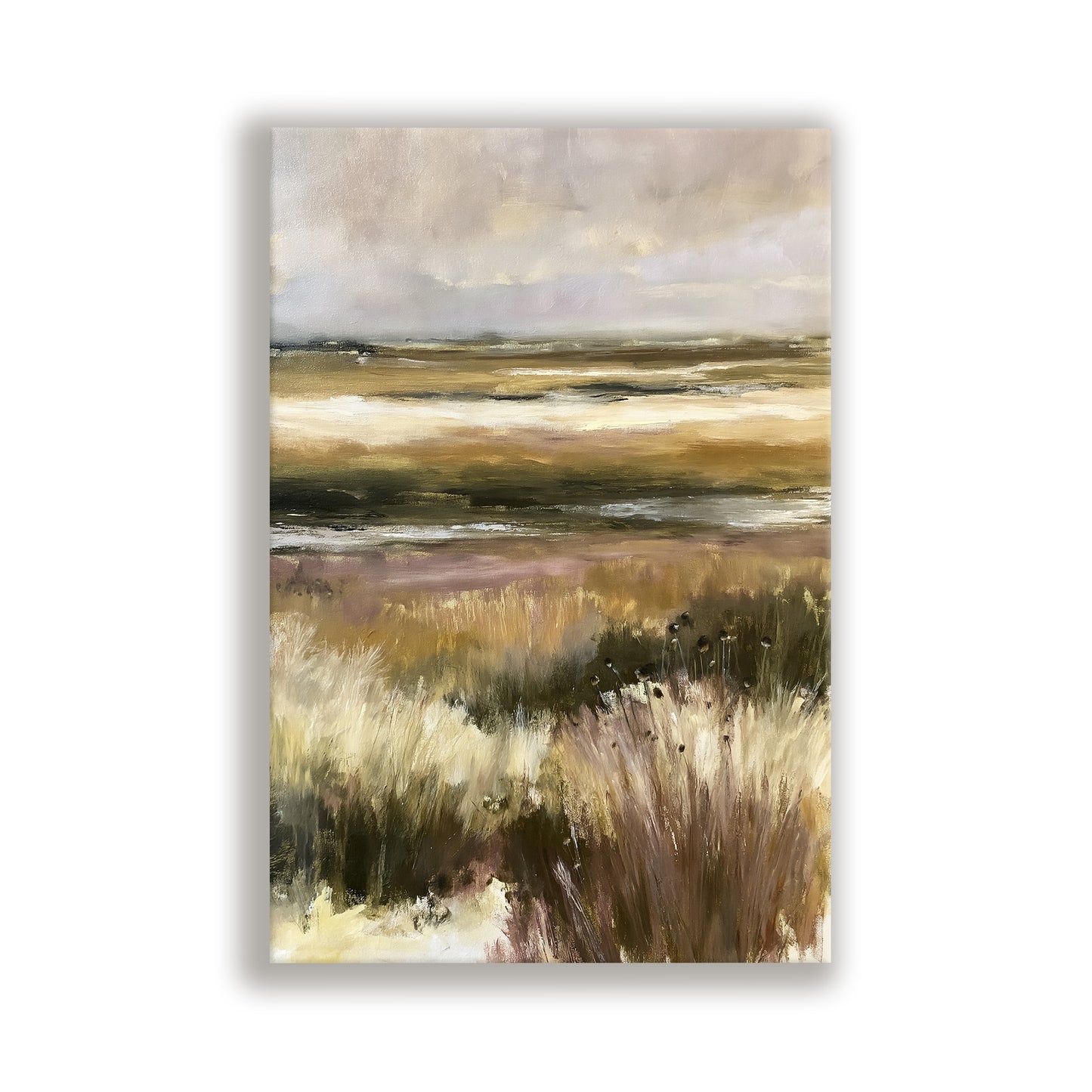 The image is an oil painting depicting a serene landscape with a field of tall grass and a body of water in the background.