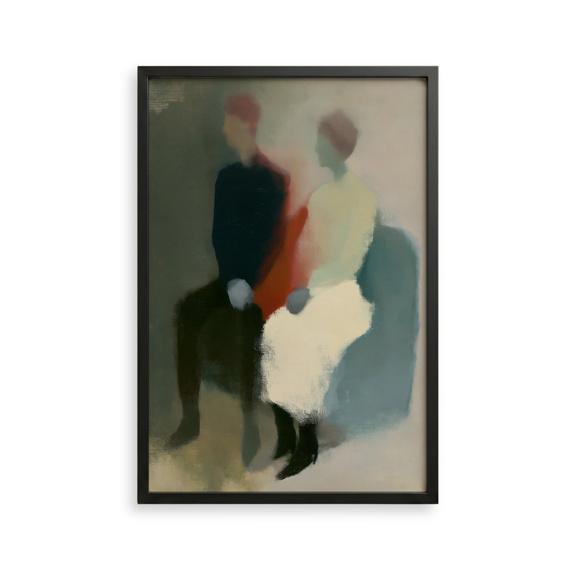 The image is an abstract painting featuring two figures sitting together, with a focus on the colors and brushstrokes rather than specific details.