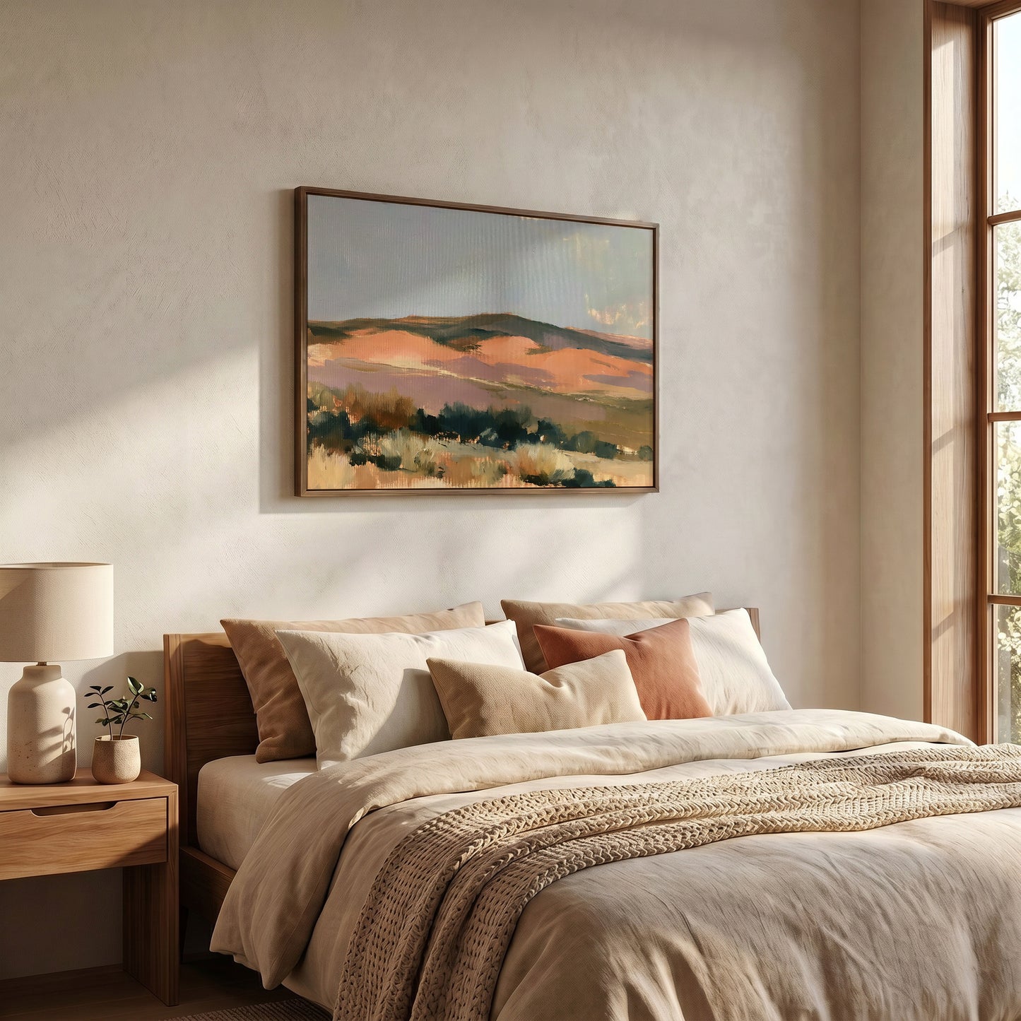 a serene bedroom scene with a large bed adorned with beige bedding and a wooden headboard. Above the bed, a framed landscape painting hangs on the wall, adding a touch of nature to the room. The room is well-lit, with natural light streaming in from a window on the right side, creating a warm and inviting atmosphere.