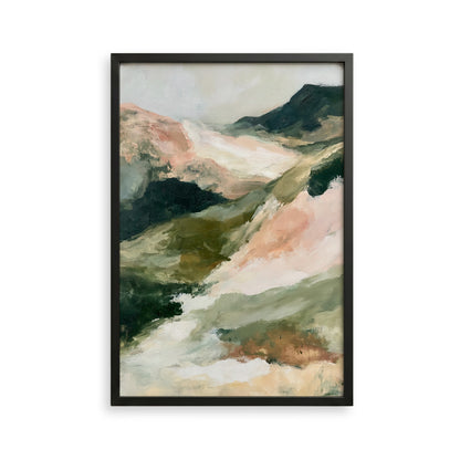The image is an abstract landscape painting featuring a mountainous terrain with various shades of green, pink, and brown.