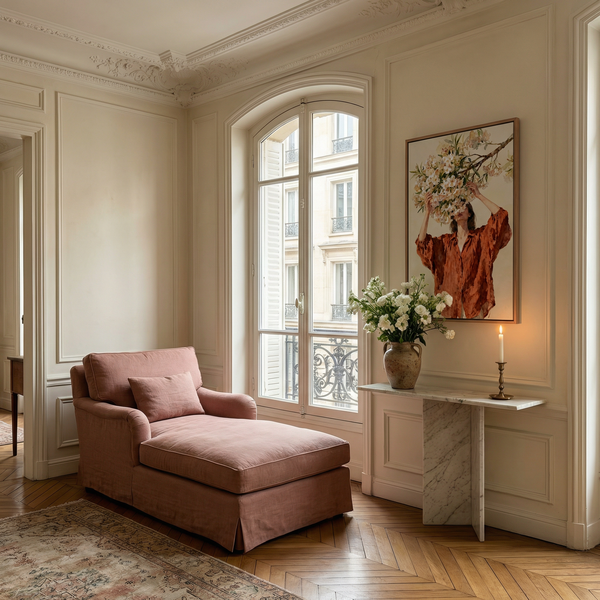a cozy living room with a plush pink chaise lounge, a white marble side table with a vase of white flowers, and a framed painting of a woman with a floral headpiece. The room has white walls, a large arched window, and a wooden floor.