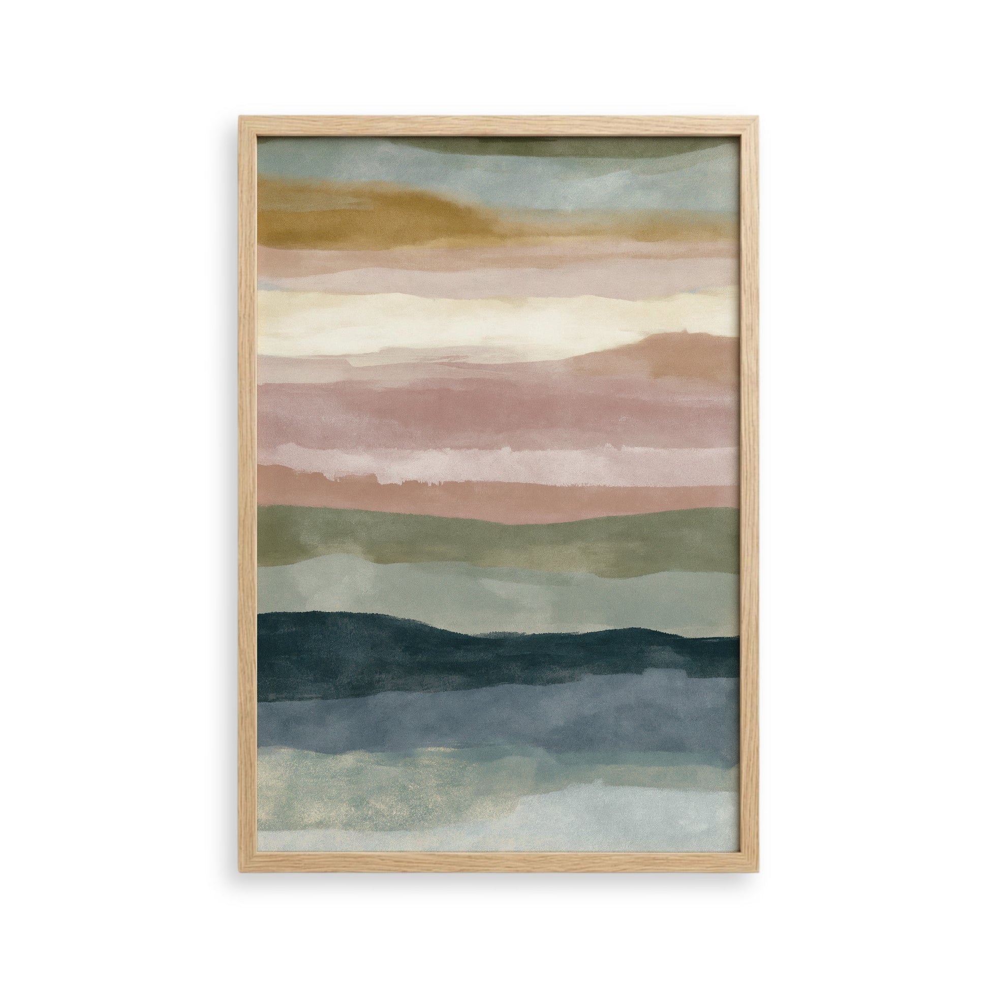 The image is a framed abstract painting with horizontal stripes in various colors, including shades of green, blue, and pink.