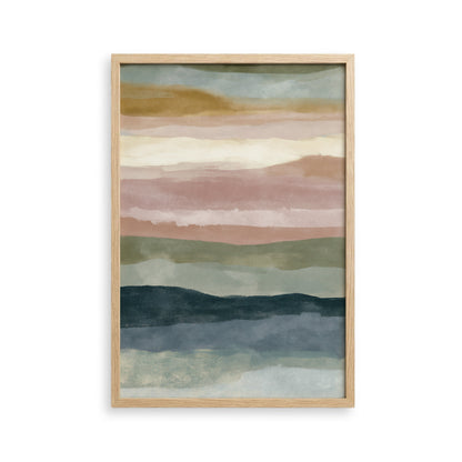 The image is a framed abstract painting with horizontal stripes in various colors, including shades of green, blue, and pink.