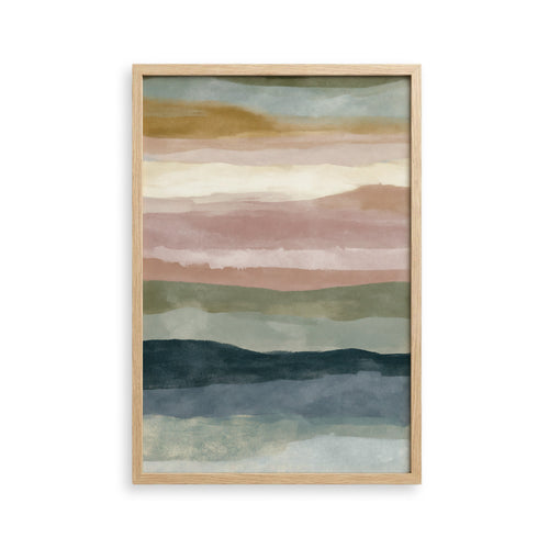 The image is a framed abstract painting with horizontal stripes in various colors, including shades of green, blue, and pink.