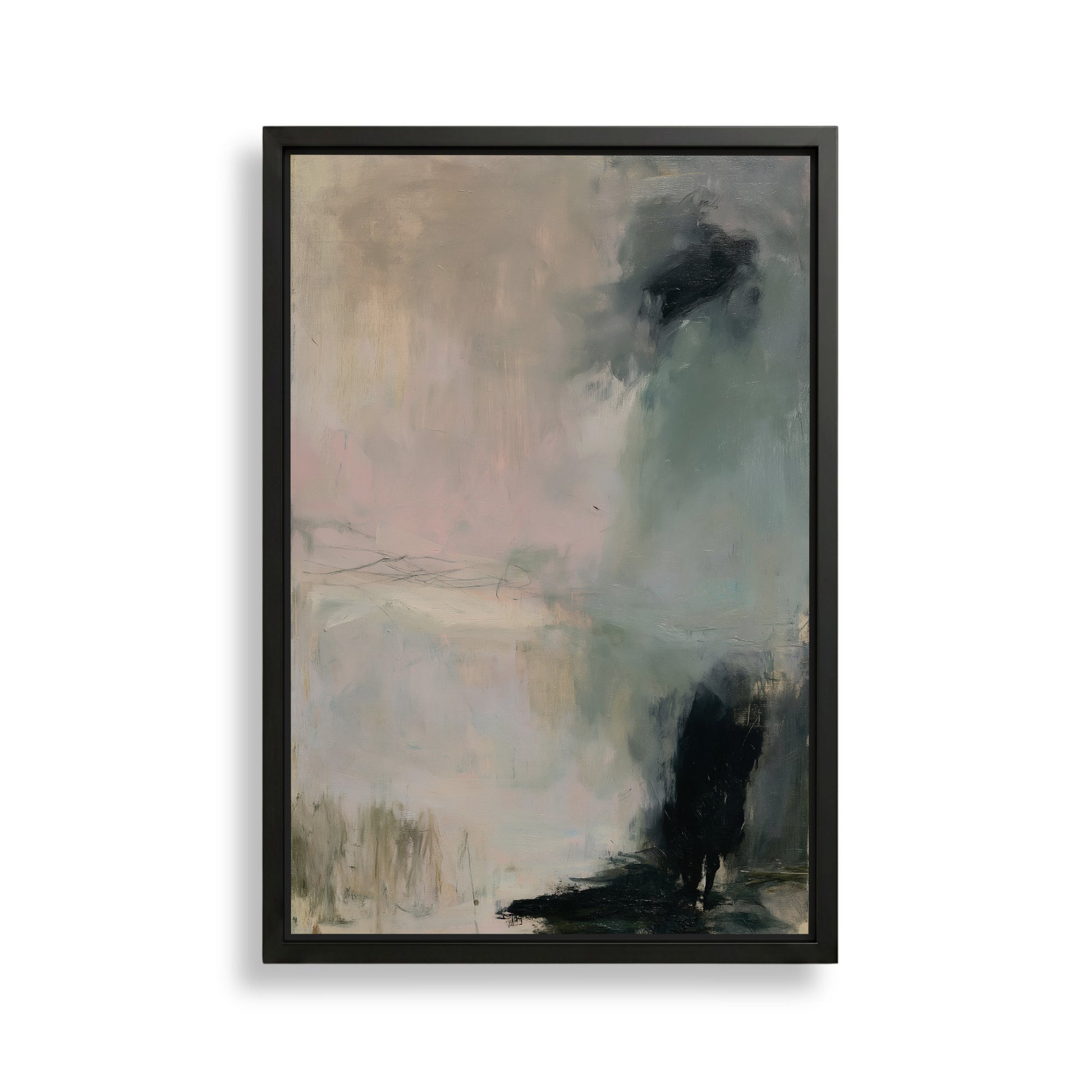 The image is an abstract painting with a predominantly light and dark color palette, featuring a large black shape in the bottom right corner.