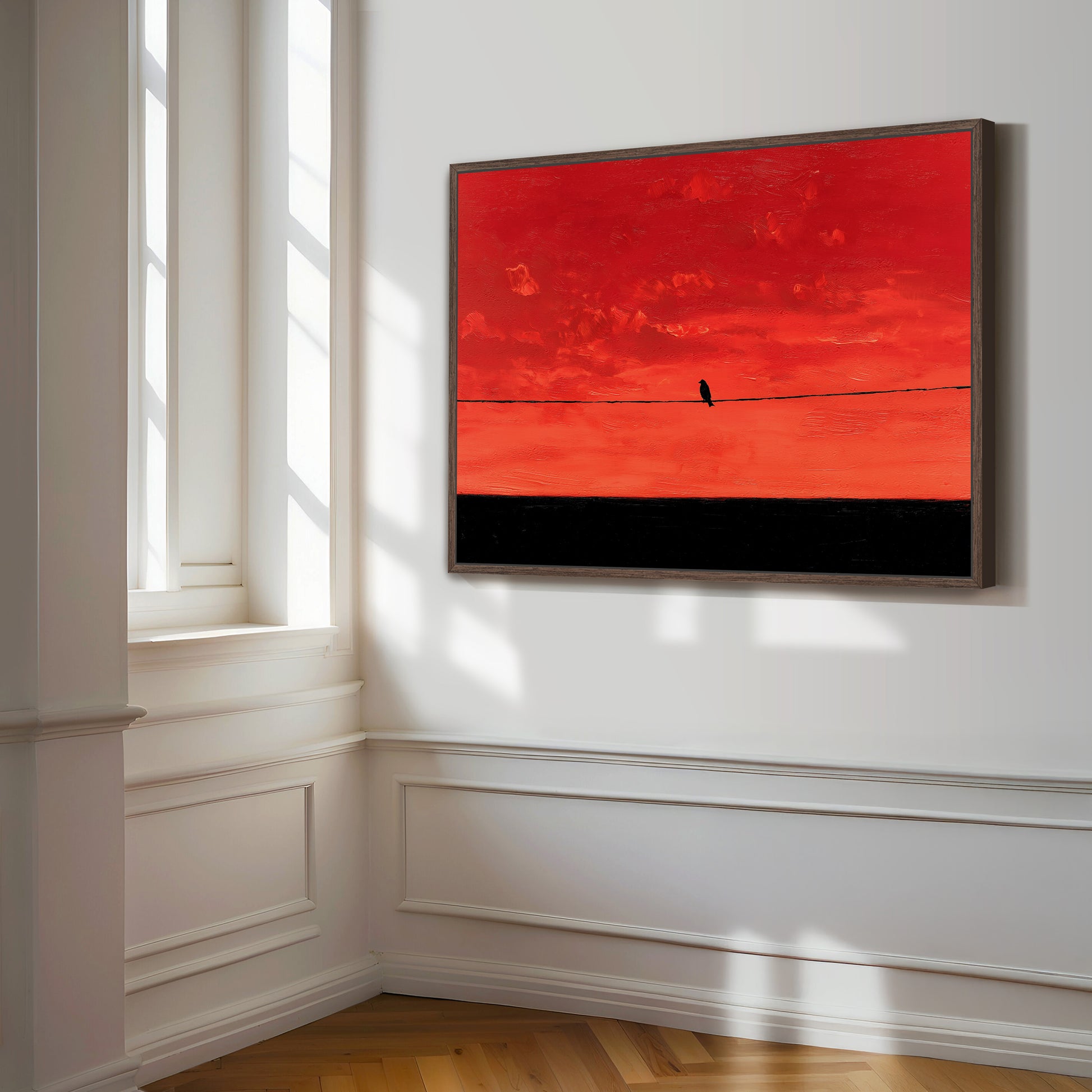 a large, vibrant red painting hanging on a white wall, depicting a bird perched on a wire against a backdrop of a red sky.