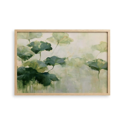 The image is a framed painting depicting a lush, green landscape with a variety of leaves and foliage.