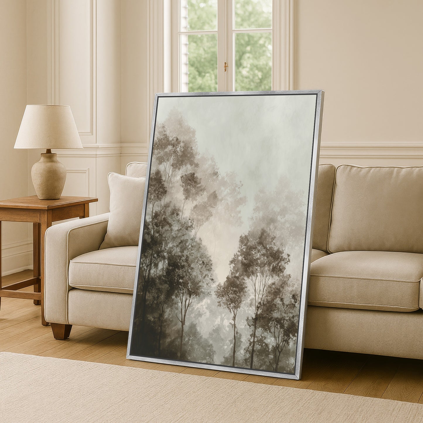 a large framed painting of trees on a wall, with a lamp and a couch in the background.