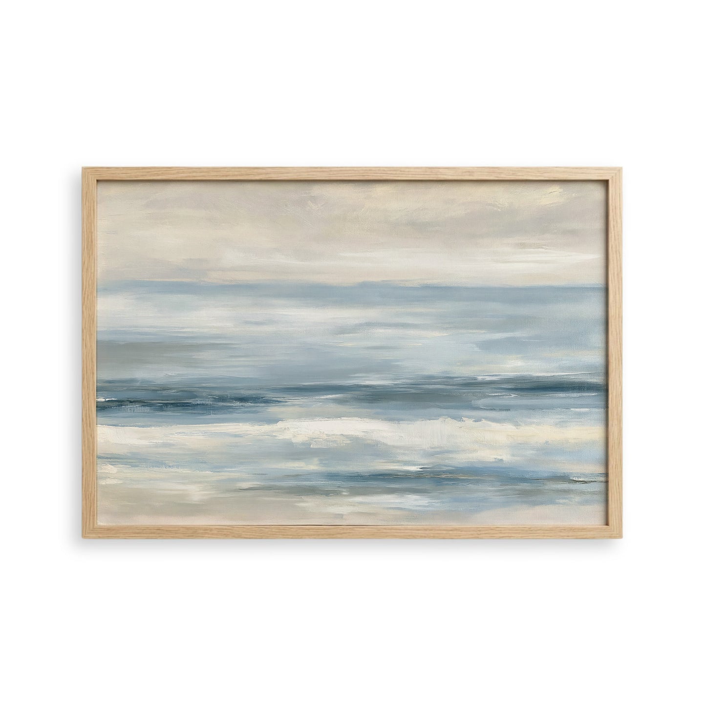 The image is a painting of a serene ocean scene with a cloudy sky above.