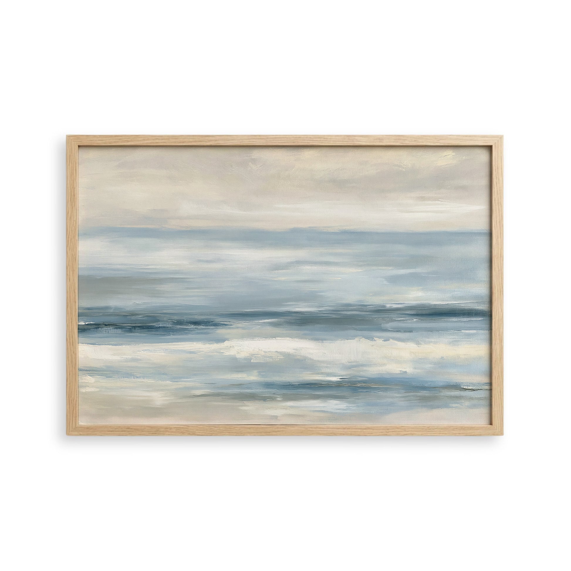 The image is a painting of a serene ocean scene with a cloudy sky above.