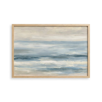 The image is a painting of a serene ocean scene with a cloudy sky above.