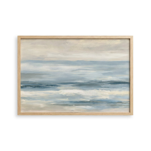 The image is a painting of a serene ocean scene with a cloudy sky above.