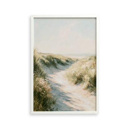 a serene landscape with a winding path leading through a grassy field, with a body of water visible in the distance.